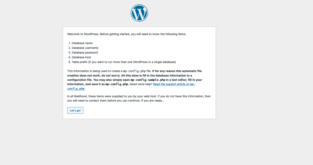 picture of wordpress installation getting started page